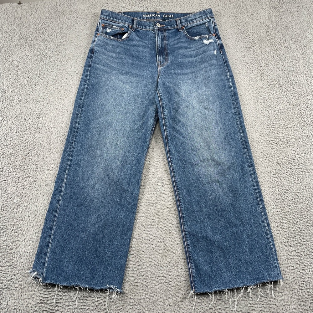 American Eagle Jeans Womens 34 Blue Stovepipe Stretch Distressed Raw Hem Denim